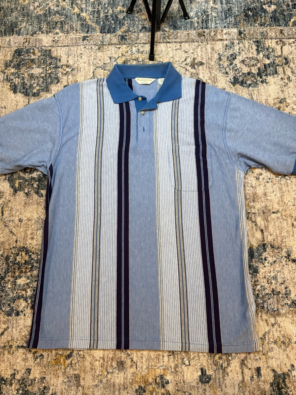 Vintage 90s Tournament by Arrow Striped Polo Shirt Mens Medium Blue Knit Pocket